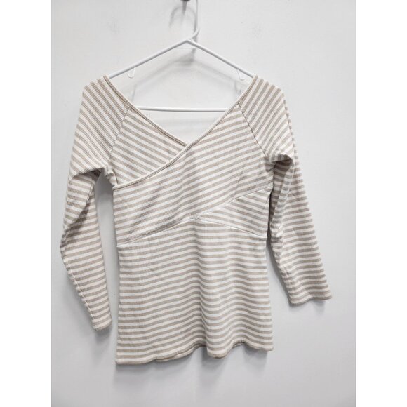 Anthropologie Deletta Womens Top Medium Tan White Striped Off Shoulder Ribbed - Picture 8 of 8